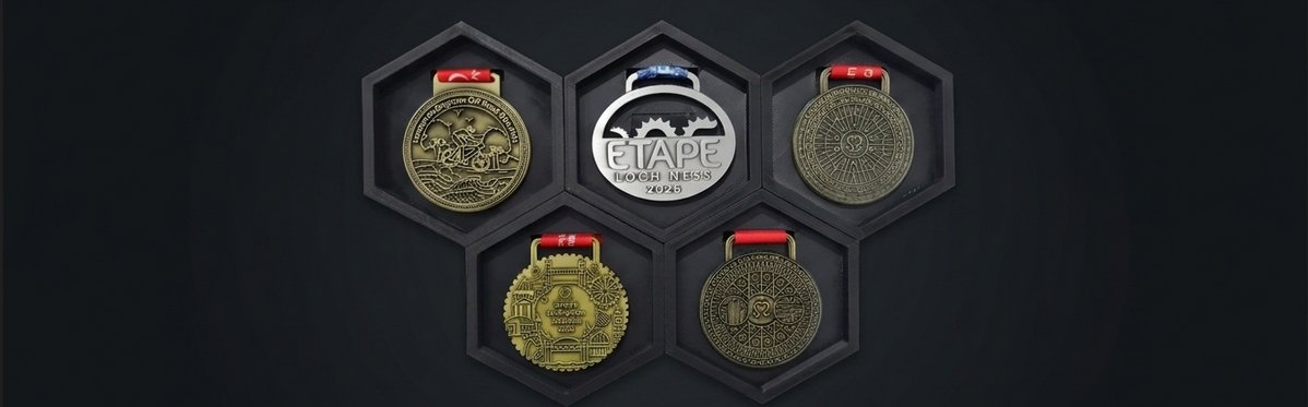 MedalMount hexagon medal display holders showing cycling and running medals